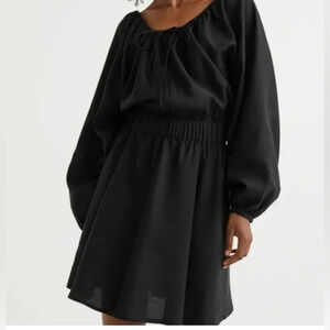H&M Black Linen Blend Oversized Boho Coastal Cottagecore Puff Sleeve Dress  S